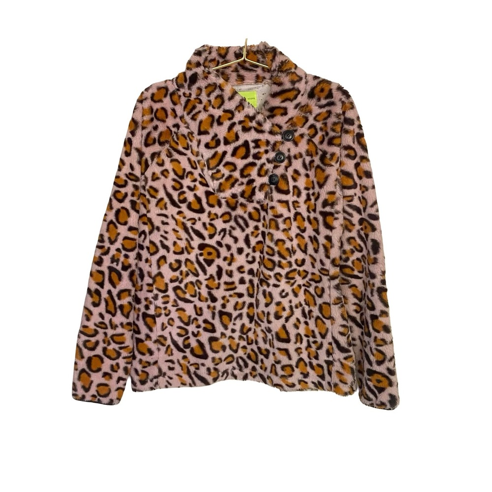 Playing For Keeps Leopard Fleece Pullover Sweater Cozy Fuzzy Women Size M